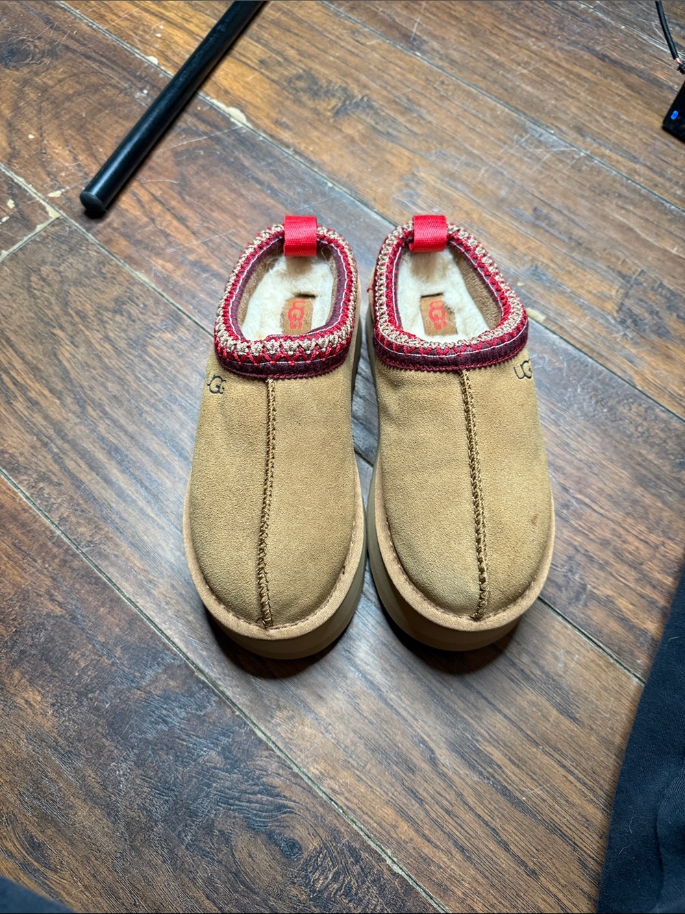 UGG Tan Suede Slip-On Clog with Red Accent